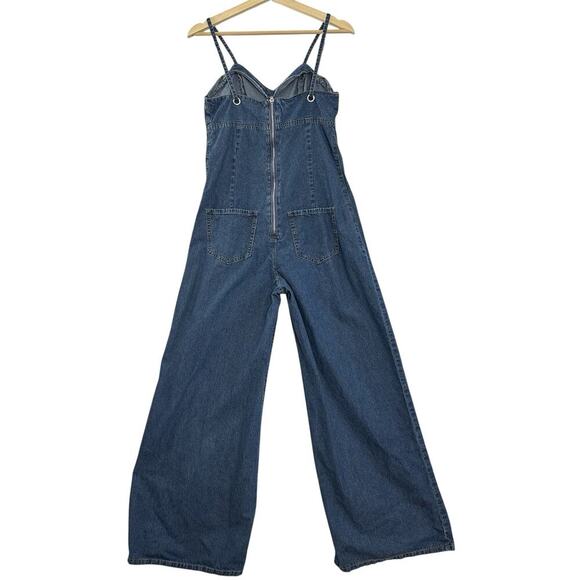 Y2K Denim Wide Leg Jumpsuit Womens M Blue Spaghetti Strap Back Zipper Pockets - Picture 5 of 14
